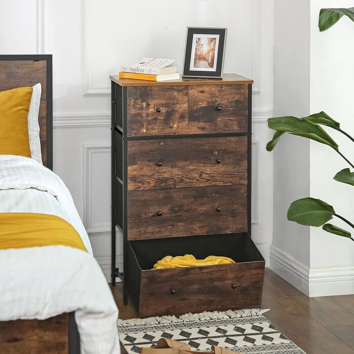 SONGMICS Chest of Drawers, Storage Cabinet, 5 Fabric Drawers, for Entryway, Living Room, White-Oak Finish LTS514W57 (Rustic Brown + Black)
