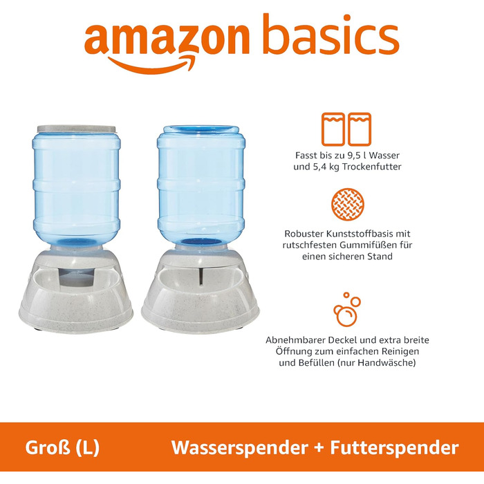 Кормільниця та поїлка для собак Amazon Basics, 2.5 галони, розмір L, білий колір, прозора поїлка та годівниця, розмір L