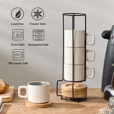 Набір чашок еспресо LUKA з блюдцем та металевою підставкою (4 шт.) - 100 мл, кераміка, мармуровий білий (біло-зелений)