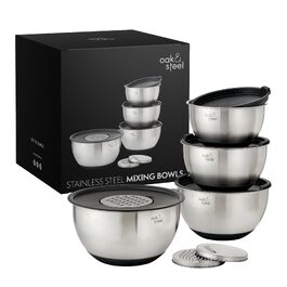 Набір stainless steel мисок для змішування Oak & Steel (4 шт) з антиковзаючим дном, герметичними кришками та набором терок (4.5л, 3.5л, 2.5л, 1.5л)