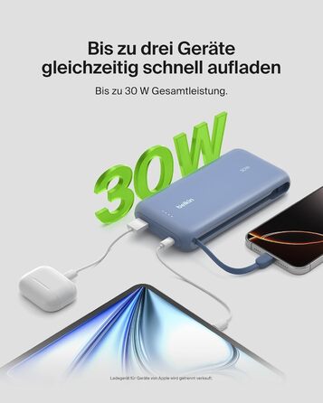 Зовнішній акумулятор Belkin BoostCharge 20K PD 30W з вбудованим кабелем USB-C, Power Bank для iPhone 16, iPad Pro, Samsung Galaxy S25, синій