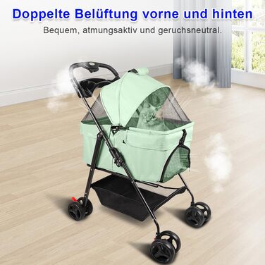 Візок для собак та котів OHMG, складний, до 20 кг, з гальмами, великий кошик, 3 вікна, тримач для напоїв, зелений (50 x 65 x 99 см)