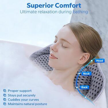ADOV Bathtub Pillow – Ergonomic Luxury Neck Pillow with 6 Suction Cups, Soft Bath Pillow with 3D Air Mesh for Head, Back and Shoulders, Washable Pillow for Bathtub, Ideal for Bathtub, Spa (Gray)
