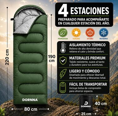 Універсальний спальний мішок для дорослих та дітей на 4 сезони, ultralight для кемпінгу, походів та подорожей, зелений