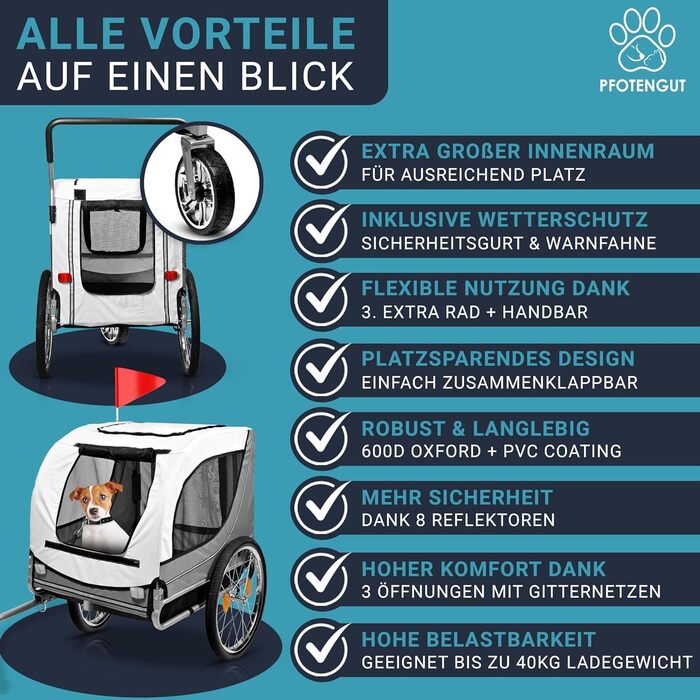 2-в-1: велосипедний причіп та візок для собак - для малих та великих собак до 40 кг. З безпечним ременем, відбивачами, дощем та прапором.