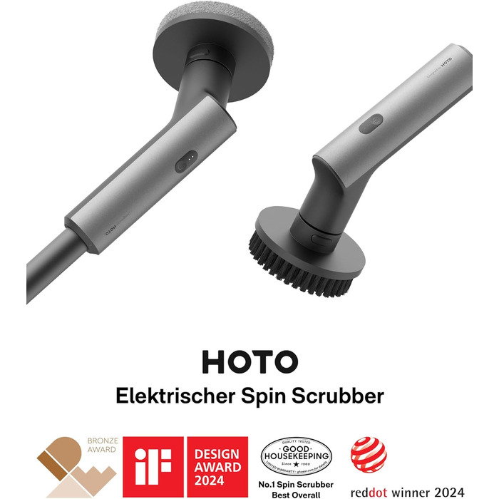 HOTO Electric Cleaning Brush with Extension Handle, IPX7 Waterproof, 6 Replaceable Brush Heads – For Floors, Tiles, Glass, and Toilets – Ideal for Bathroom, Kitchen, and Car (Dark Grey)