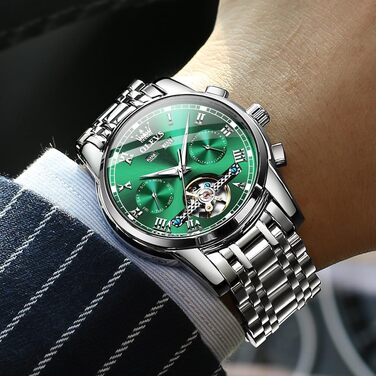 Чоловічий годинник OLEVS Automatik з турбійоном, календарем, чорний, водонепроникний, світлодіодна підсвітка, двоколірний (срібло/зелений)