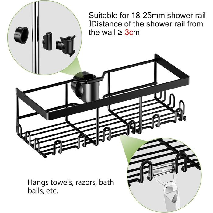 HouseUp Shower Shelf No Drilling, 2 Pack Shower Rod Storage Shelf Stainless Steel for 18mm-25mm Shower Rod, Black Bathroom Organizer Shampoo Holder for Shower