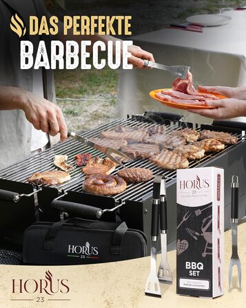 HORUS 23 Набір аксесуарів для гриля – 4 предметний набір: щипці, лопатка, виделка та термостійкий рукавичка