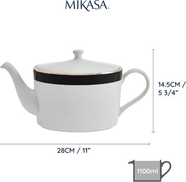 Mikasa Luxe Deco Porcelain Teapot, large 4-cup teapot with filter, 1.1L, Art Deco print and genuine gold accents, dishwasher safe