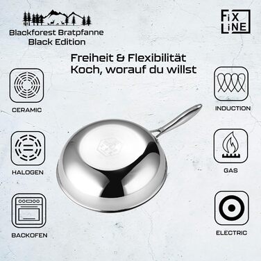 FIXLINE® Сковорода Black Forest 28 см з антипригарним покриттям без PTFE, сумісна з усіма типами плит (включаючи індукцію), можна використовувати в духовці до 230°C, легко миється, ідеальна ідея для подарунка