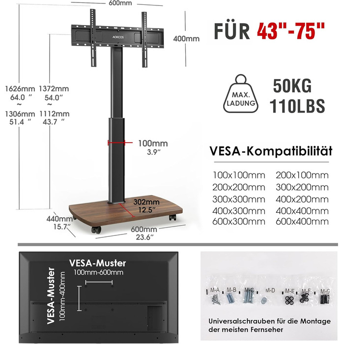 AOKCOS Rolling TV Stand with Wood Shelf - Adjustable Height & Swivel - Fits 43-75 Inch TVs (up to 50kg) - VESA 600x400mm - White+Natural (Black+Vintage Brown)