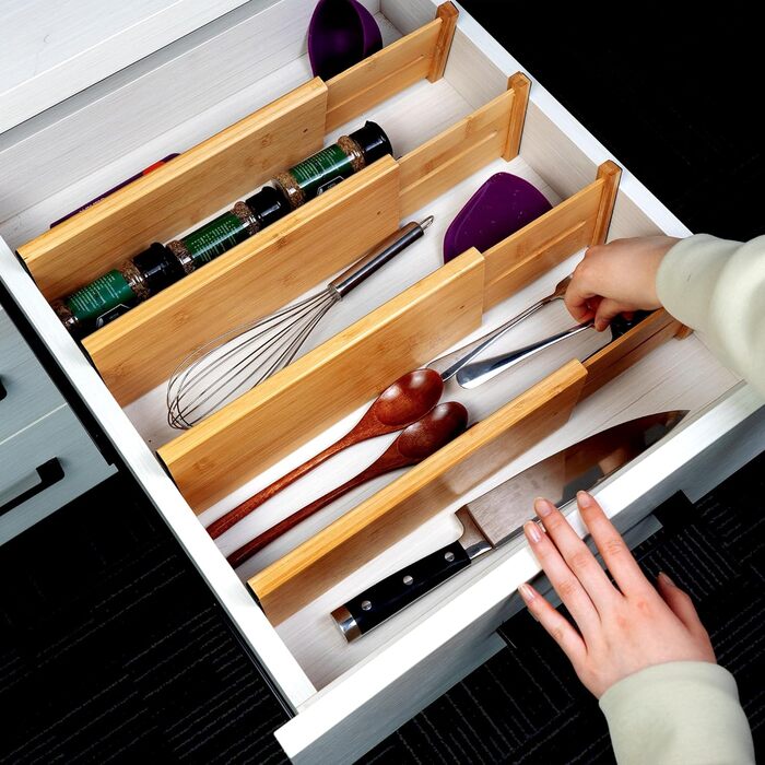 Utoplike Bamboo Adjustable Drawer Divider (4-pack), Large Drawer Organizers with Spring-Loaded for Clothing, Cutlery, Utensils in Kitchen, Bathroom, Bedroom, Baby Drawer, (Natural Color, Small (10H cm))