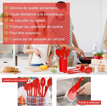 Набір кухонних аксесуарів Joyfair: 15 предметів з силікону, стійкий до нагріву, антипригарний, для посуду, з підставкою, миється в посудомийній машині (червоний)