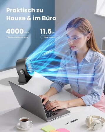 Портативний акумуляторний вентилятор Gaiatop з USB, 5 швидкостей, тиха робота, сенсорне управління, 360° обертання, для дому та офісу, чорний