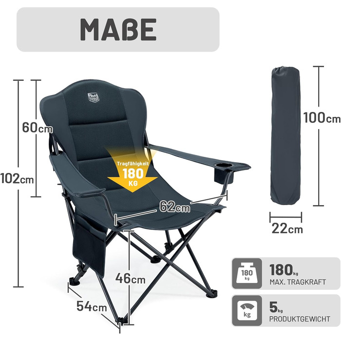 Кемпінговий стілець Timber Ridge складаний, до 180 кг, з регурованою спинкою (3 положення), підлокотниками, тримачем для напоїв та бічною кишенею, ширина сидіння 62 см