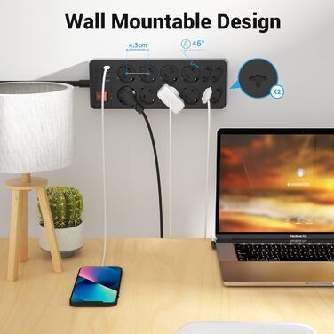 Мережевий фільтр із захистом від перенапруги 10 розеток, USB-C, з вимикачем, 4 USB-порти, 1,5м, чорний (12 розеток)