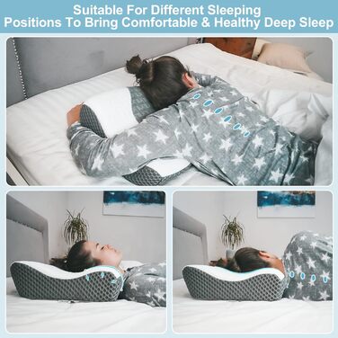 Elviros Orthopedic Pillow, Memory Foam Ergonomic Neck Support Pillow, Neck Pillow Head Pillow Neck Pain, Side Sleeper Pillow Stomach Sleeper Pillow, with Cover, Dark Grey