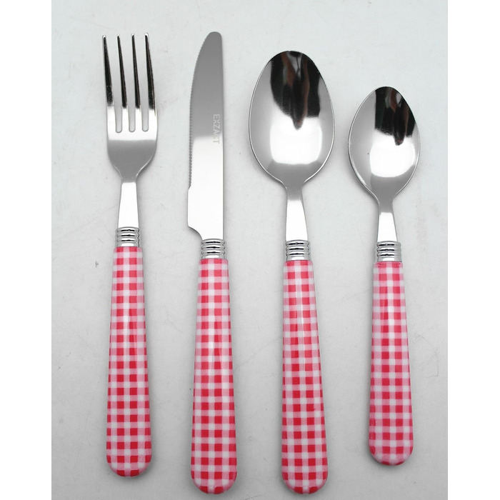 Набір столових приборів EXZACT з нержавіючої сталі, 24 штуки - ручки кольору гінгам (рожеві) - 6 виделок, 6 ножів, 6 ложок, 6 чайних ложок