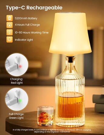 Світлодіодні настільні лампи бездротові 2 шт, IP54, акумуляторні пляшкові лампи, 7 режимів, димування, 5200mAh, сенсорне управління, для ресторанів, спальні (Білий)