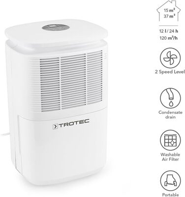 Електричний осушувач повітря Trotec TTK 30 E – продуктивність 12 л/день – площа 15 м² / 37 м³ – з автовимкненням