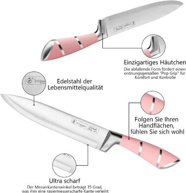 Набір кухонних ножів Justup 9шт з обертовим блоком, рожевий. Набір ножів з нержавіючої сталі з антипригарним покриттям, з точилкою для кухні.
