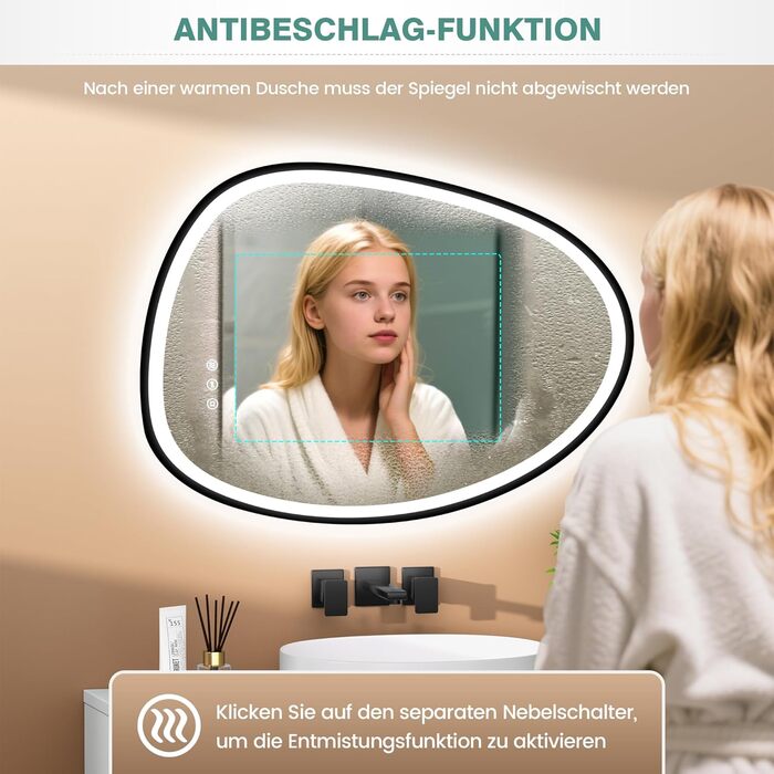 Дзеркало з підсвіткою, асиметричне LED, 75x55 см, з сенсорним вимикачем, антизапар, 3 кольори світла, регулювання яскравості, функція пам'яті, чорний (горизонтальне/вертикальне)