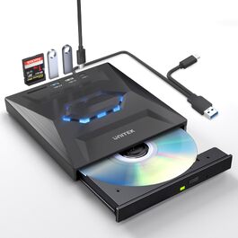 Зовнішній CD/DVD привід UNITEK USB-C/USB 3.0 з картридером SD та USB-хабом, портативний DVD-плеєр та записувач CD-ROM для ноутбука, ПК, Windows, Linux, macOS, чорний