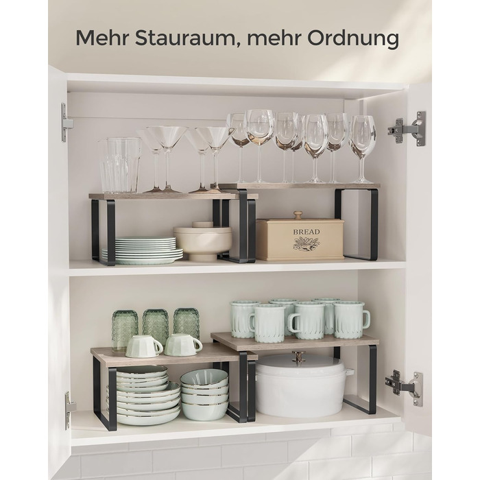 SONGMICS Spice Rack, 4-Piece Set, Kitchen Shelf, Kitchen Organizer, Expandable, Spice Holder, Stackable, with Metal Frame, 19.5 x 29.7 x 15.8 cm, Ink Black-Natural Beige KCS10NB (Ink Black + Greige Melange, 29.7B cm)