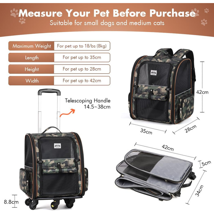 Рюкзак-переноска для котів та собак з візком 2-в-1, розширюваний, до 8 кг, камуфляж L