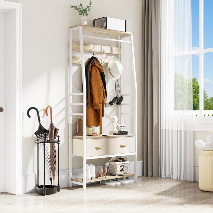 YITAHOME Entryway Bench with Shoe Cabinet, Freestanding Coat Rack with Bench and 2 Folding Drawers, Industrial Coat Rack with 8 Hooks for Entryway, Living Room, Bedroom, Metal Frame, Rustic Brown (Beige)