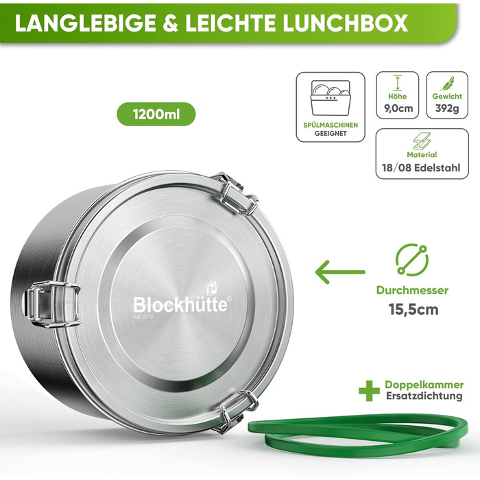 Blockhutte Premium Stainless Steel Lunchbox, Round, 1200ml, with Spoon and 2x Seal Set, Stainless Steel Leakproof Container, Stainless Steel Food Storage Container for Office Use, Freezer-Safe Stainless Steel Food Container