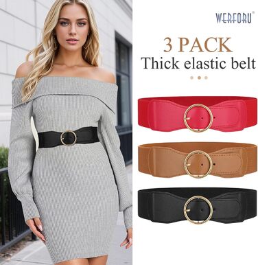 Еластичний ремінь для талії WERFORU 3 шт. для жінок. Широкий пояс для суконь, джинсів. Розміри S/M (63-82 см)