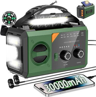Портативне радіо Bluetooth з підзарядкою телефону, сонячне, AM/FM. 8 в 1: Powerbank, SOS, ліхтарик, компас, читальна лампа, роз'єм для навушників. Трав'яно-зелене