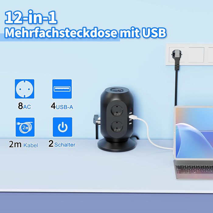 Багатофункціональна мережа живлення Colstar з 4 USB, 8 розеток, захистом від перенапруги, 2м кабелем, для дому та офісу, чорна