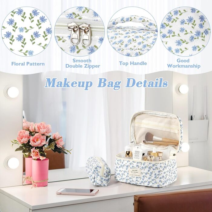 Набір косметичок 3 шт. з квітковим візерунком, дорожні та повсякденні | Косметичка для макіяжу для жінок та дівчат (Блакитний Павич)