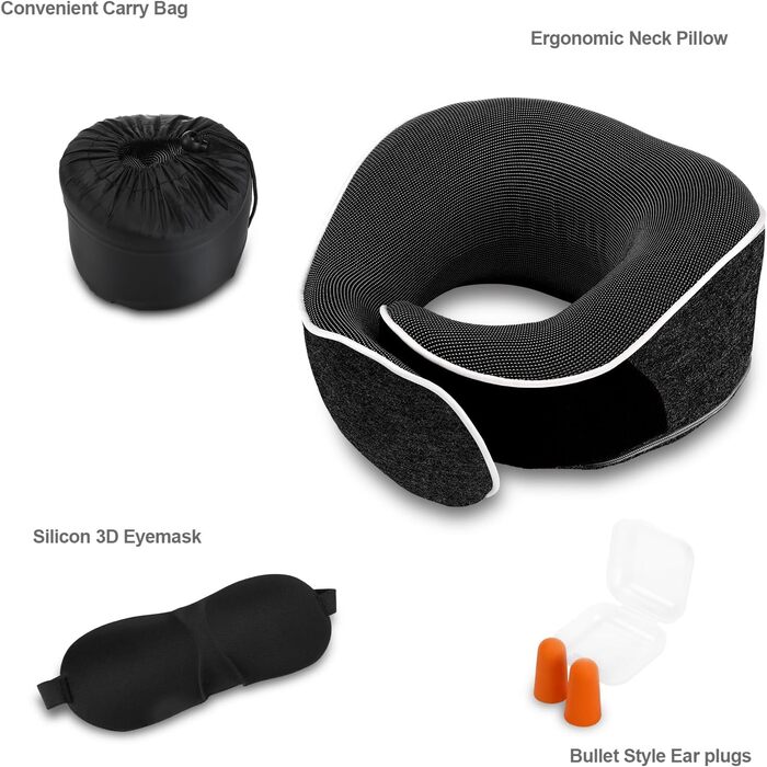 Подушка для шиї з піною Memory Foam, комплект з маскою для очей, навушниками та чохлом, ергономічна, для подорожей (темно-сіра)
