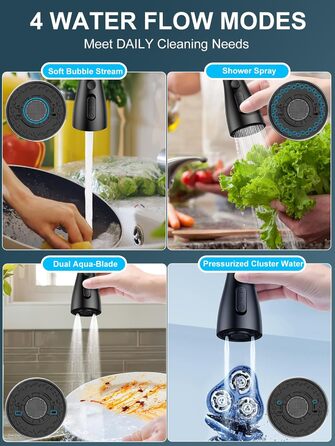 Змішувач кухонний висувний з нержавіючої сталі з 360° обертанням та 4 режимами, для кухонних мийок, з ABS-розпилювачем, підходить лише для ЄС (G3/8)