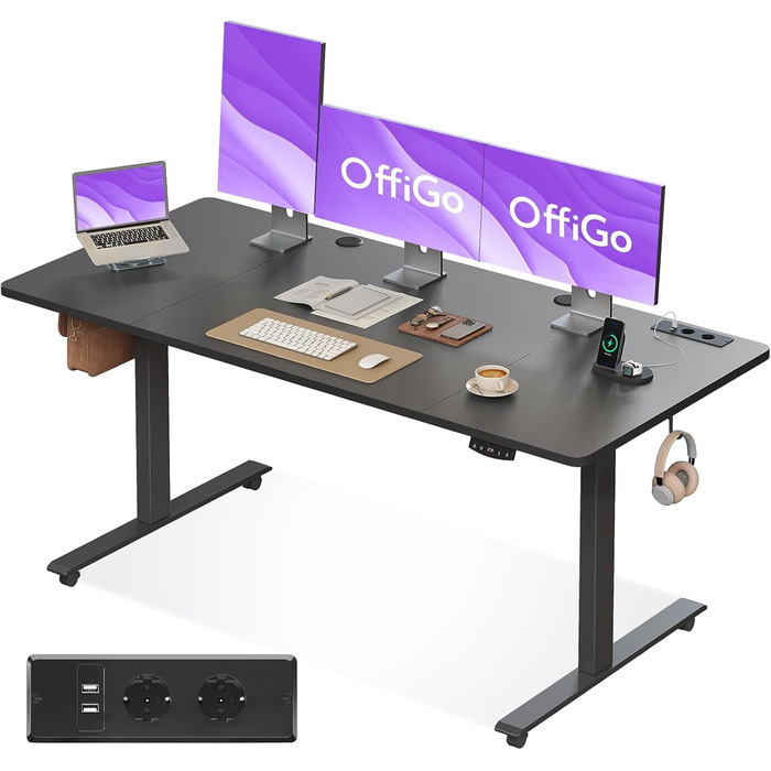Регульований стіл OffiGo 160x70 см: електричний, з USB, 2 пам'яті, для офісу та дому, чорний