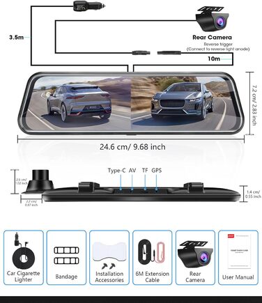Дзеркало-відеореєстратор з камерою заднього виду Dual 1080P, 10