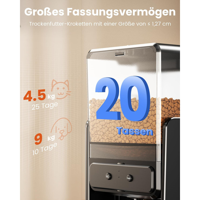 Автомат годування котів з App-керуванням, для 2 котів, регульована висота, 2 миски, 5-літровий бункер, з функцією запису голосу, таймер, WiFi