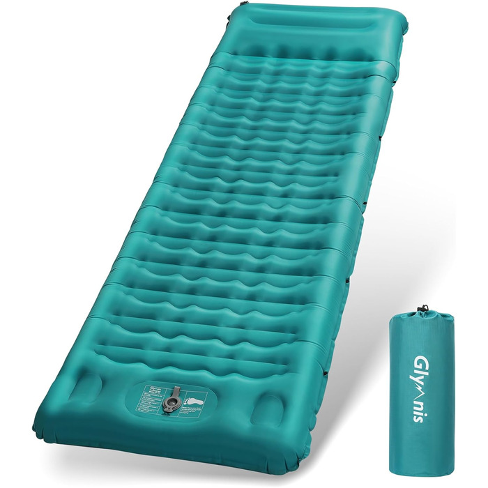 Glymnis Isomatte Camping Air Mattress - 9cm Thick, with Foot Pump & Pillow - Ultralight Outdoor Sleeping Pad for Camping, Hiking, Travel - Army Green/Turquoise