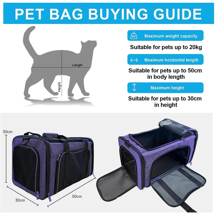 Транспортна сумка для котів та маленьких собак до 10 кг – складана, робуста, з прихованим даховим вікном (фіолетова, 50x30x30 см)