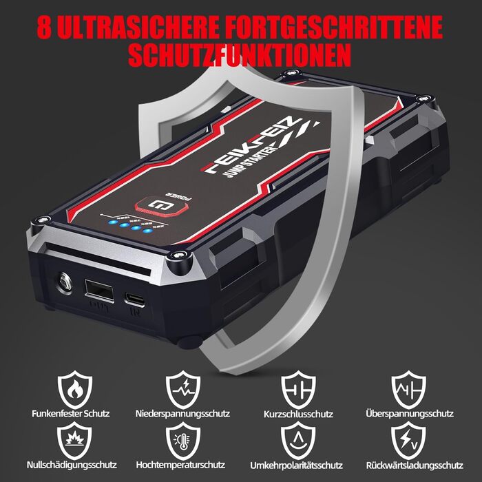 Портативний акумулятор для автомобіля 6000A/26800mAh, підходить для 12V авто (бензин та до 8.0L дизель), з USB та LED-ліхтариком