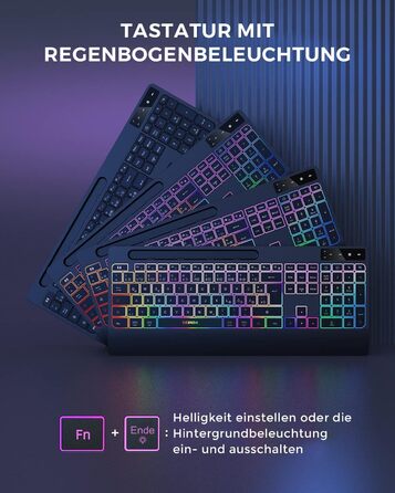 Бездротовий комплект клавіатури та миші Seenda JPX006 з підсвічуванням, USB/Type-C, QWERTZ, з підставкою для телефону та підкладкою для зап'ястя, для PC/Windows/Mac, тихий клік, чорний