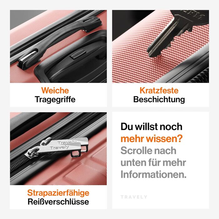 Чемодан ручної поклажі Travely Premium 55x40x20cm, 36L, Roségold (рожеве золото) з TSA замком та плавними колесами, підходить для Ryanair, Lufthansa, Eurowings