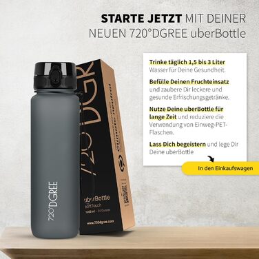 Пляшка для води 720°DGREE 'uberBottle' з ситечком, 650 мл, чорна - BPA-Free, спортивна, для фітнесу, школи, дітей, велосипеда, активного відпочинку, Tritan