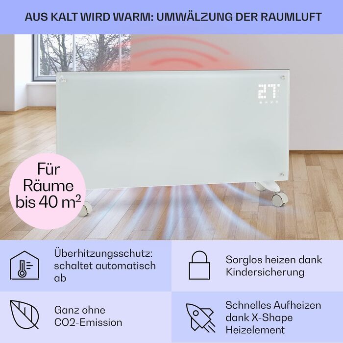 Klarstein Electric Heater, Convector Heater with Floor Wheels, Mobile Electric Heater Energy-Saving, Slim, Quiet Electric Heater, Standalone Electric Radiator with Thermostat, 2000 W White Bornholm