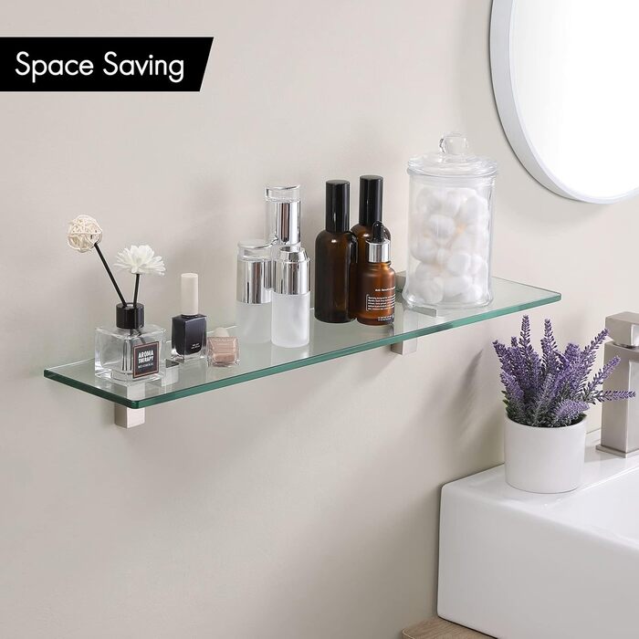 KES Shower Shelf for Hanging, Bathroom Shelf, Wall Shelf, Shower Glass Shelf, 8mm Shower Shelf, Bathroom Shelf, Tempered Glass with Shelf Support 60cm Brushed Nickel, BGS3201S60-2
