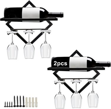 2pcs Metal Wall Mounted Wine Rack Stemware Glass Rack, Foldable Wall Hanging Red Wine Shelf Organizer with 3 Stem Glass Holders, Black Wine Bottle Hanger for Home Kitchen Bar Wall Decor